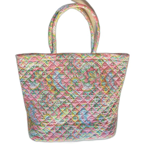 Soft Quilted Tote Bag, Floral Pattern, Designed in Italy Size: M/L Color: Pink - Picture 1 of 13